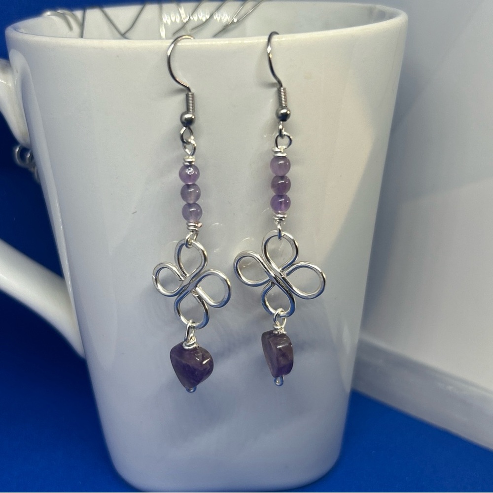 Silver and Purple amethyst Beaded Dangle Earrings handmade